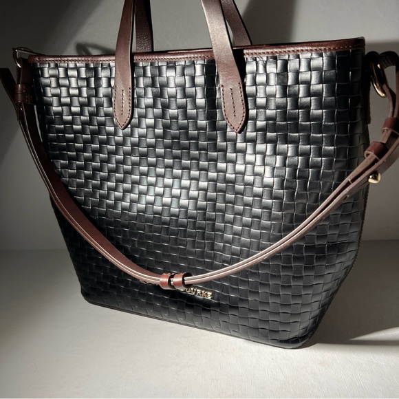 Dooney & Bourke Woven Leather Tote Black Brown Trim Shoulder Bag - Picture 2 of 16